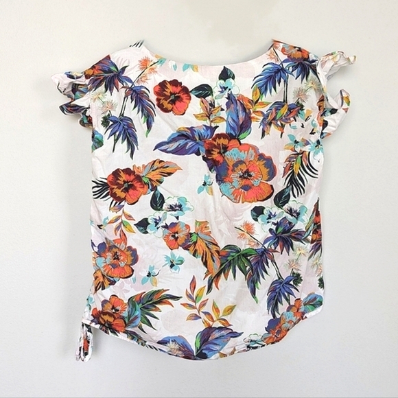 Mango Tropical Print Ruffle Cap Sleeve Cotton Top Ruched Side (Mango 6 = US S) - Picture 4 of 8
